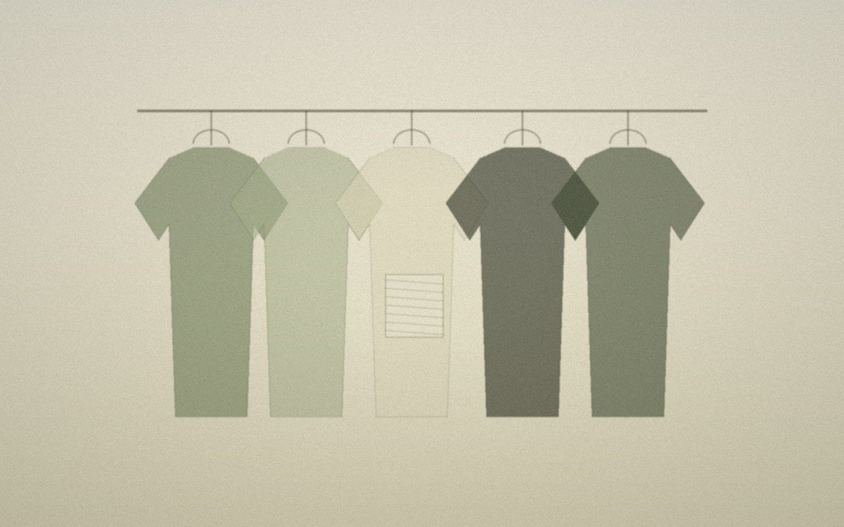 Long-wear wardrobe study with a repaired garment and visible mending detail